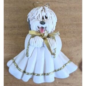 Vintage Russ Cecile Dog Angel Christmas Ornament White Puppy Gold Ribbon